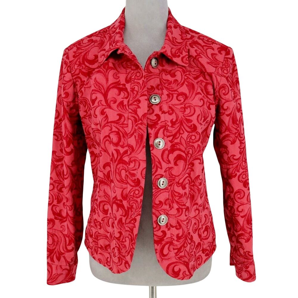 Coldwater Creek Jacket Petites PS SP Red Brocade Stretch Cotton Career Whimsy